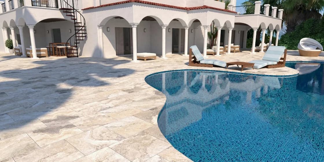 Roma Travertine porcelain pavers installed on a Florida outdoor living space by EC Paver Solutions
