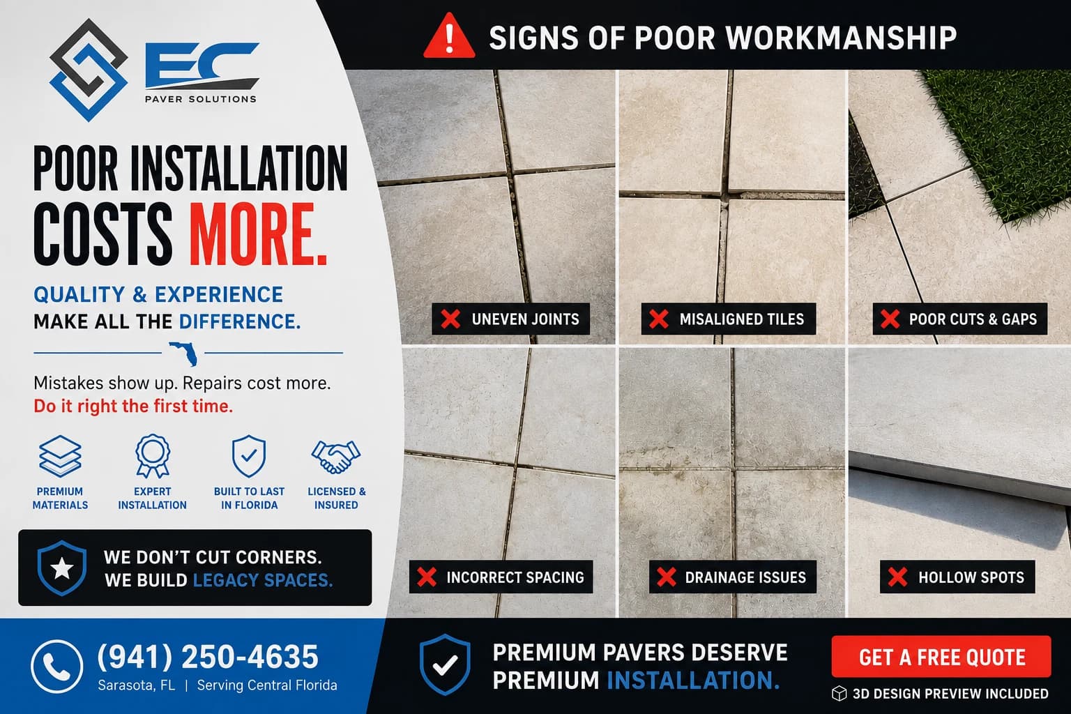 Six documented signs of poor porcelain paver workmanship: uneven joints, misaligned tiles, poor cuts, incorrect spacing, drainage issues and hollow spots