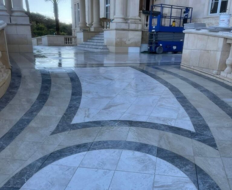 Custom decorative porcelain pavers geometric pattern outdoor flooring — EC Paver Solution Florida